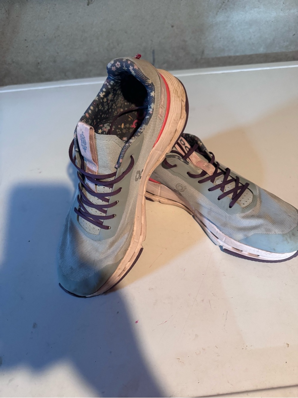 On Running Mint Green and Pink Women’s Athletic Sneakers with Purple Laces